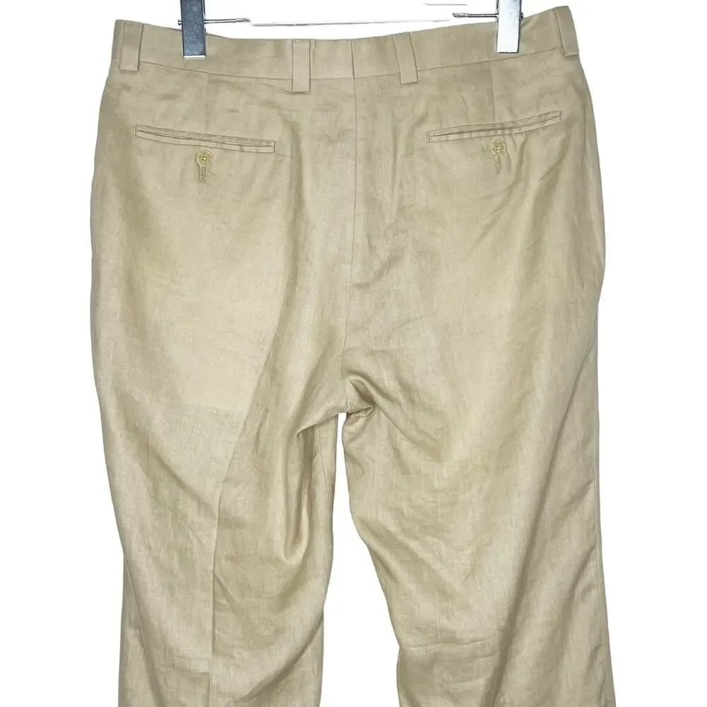 CALVIN KLEIN Mens Linen High-Rise Flat Front Straight Leg Pants Beige Size 35W